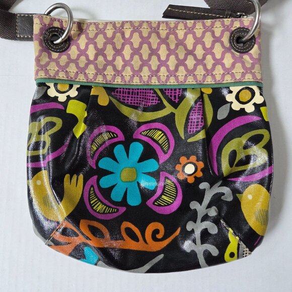 Fossil Purse Key Per Black Floral Birds Colorful Crossbody Preppy Boho Mod - Picture 4 of 9
